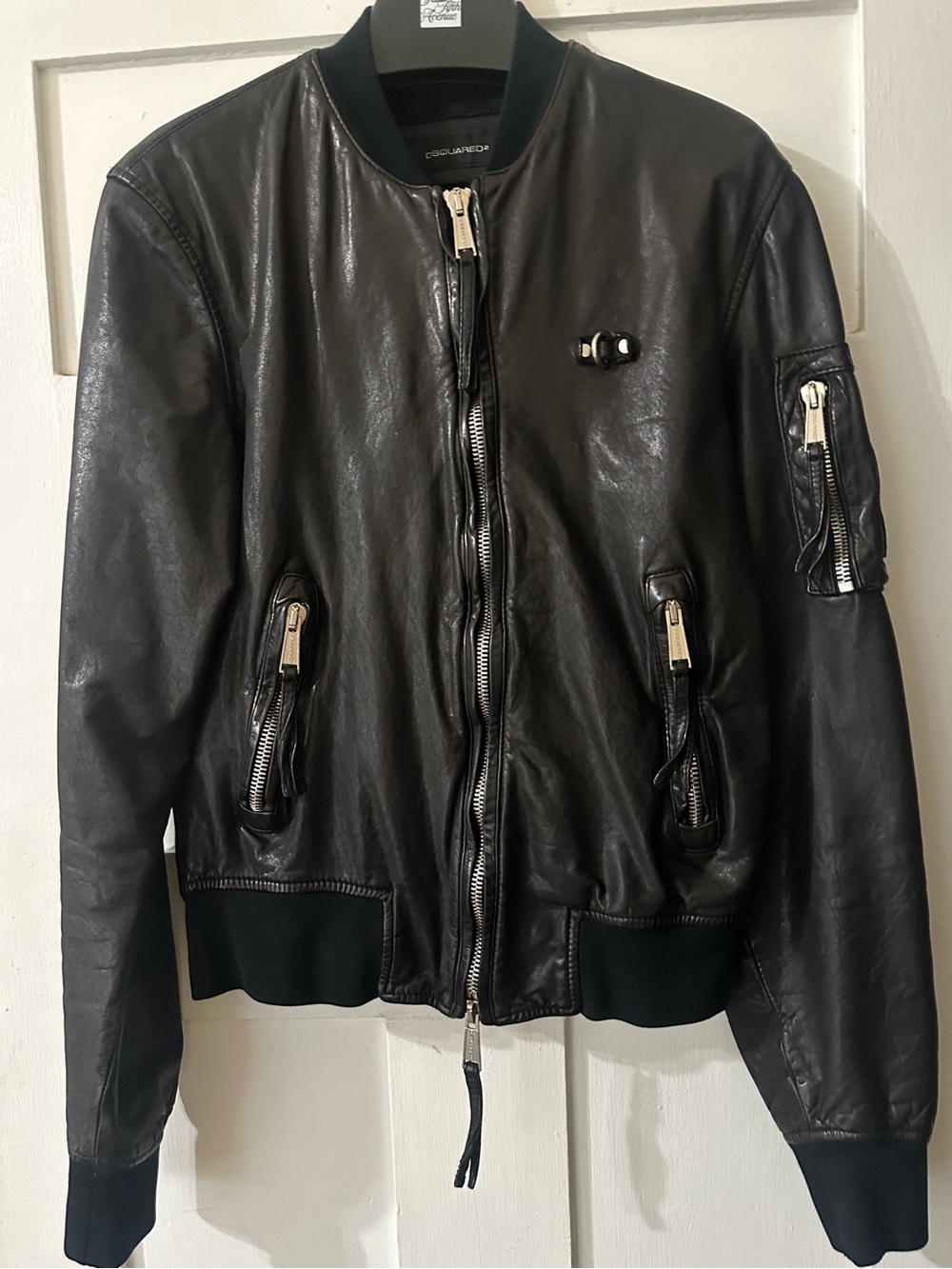 DSQUARED2 Black Leather Bomber Jacket with Silver Zippers